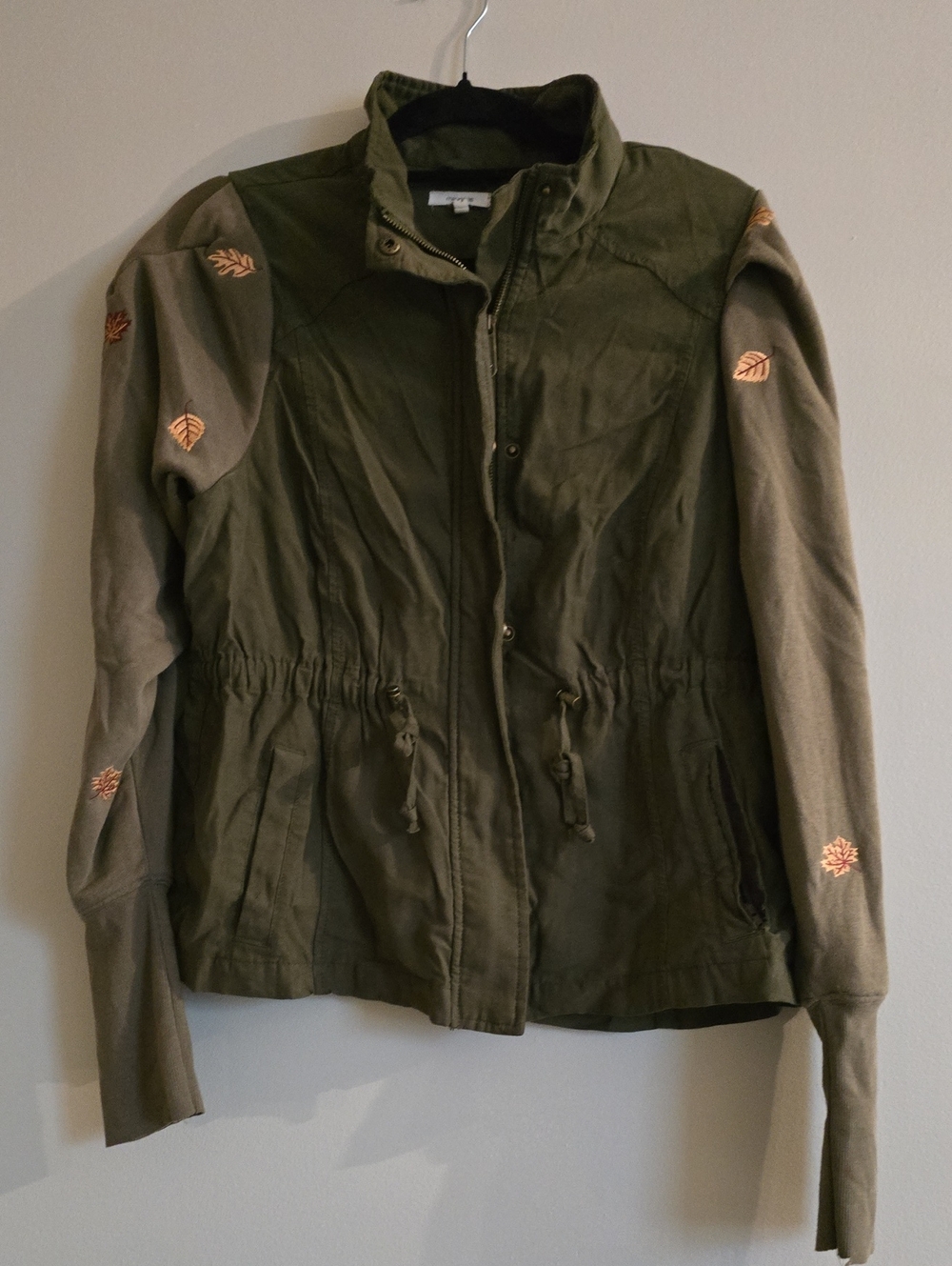Maurices Olive Green Drawstring Waist Utility Jacket with Leaf Embroidery